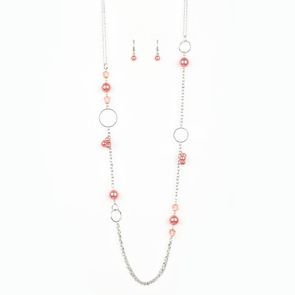Silver Hoop Living Coral Beaded Necklace/Earrings - Picture 1 of 3